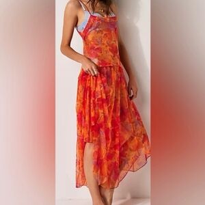 NEW Free People Intimately Step Out Midi Slip Dress Floral Sheer Mesh Nwot XL